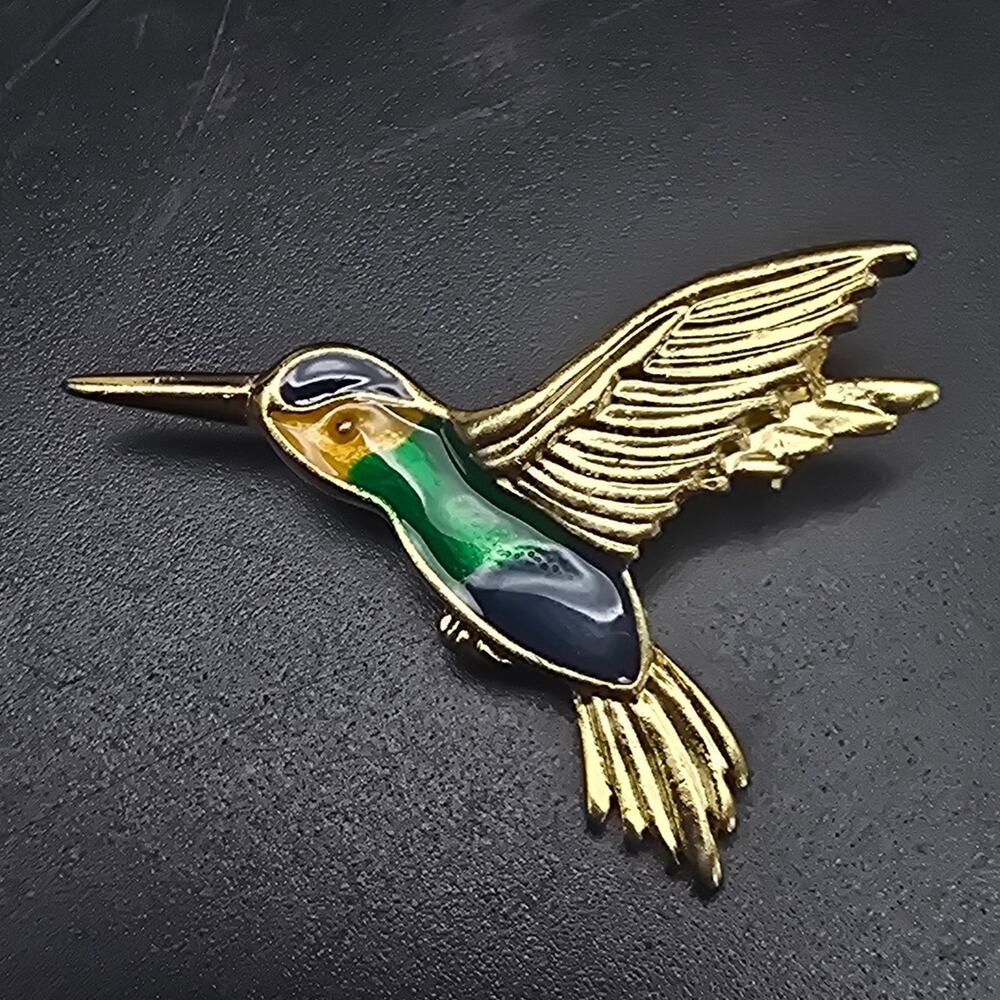 Danecraft Hummingbird Brooch Gold Tone Green Blue Bird Animal Jewelry